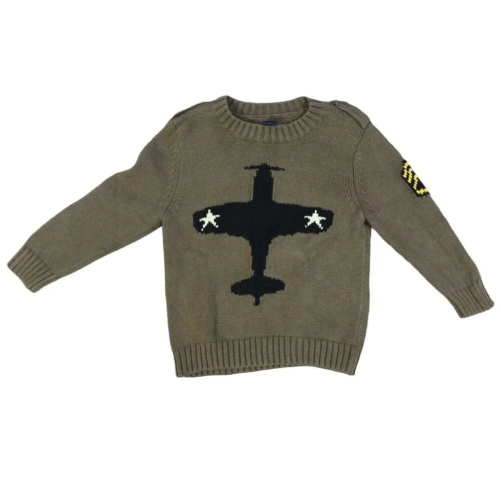 BabyGap Toddler Boys 2T Olive Airplane 100% Cotton Knit Pullover Sweater